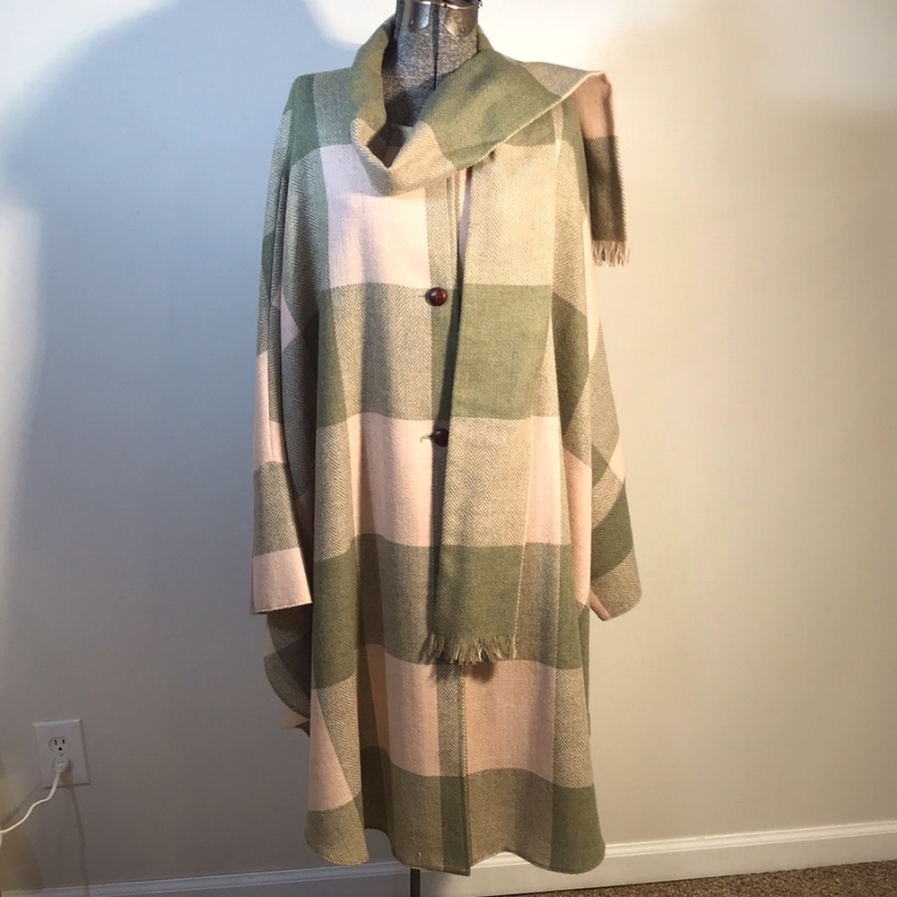Triona Design Donegal Plaid Wool Cape Shawl Coat With Attached Scarf